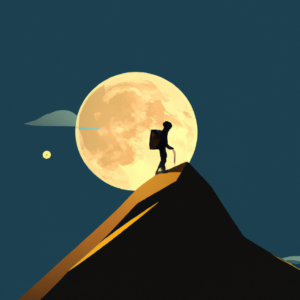 illustration of a PERSON HIKING UP A HILL ON THE MOON SIDE PROFILE SILOUTTE modern design, for the web, cute, happy, 4k, high resolution, trending in artstation